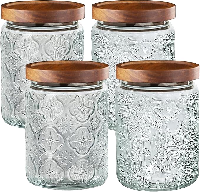 4-Pack 24 OZ Vintage Glass Jar with Lid, Airtight Food Storage Canisters with Bamboo for Kitchen Counter Pantry, Ideal for Coffee, Candy, Tea, Oats, Sugar, Cookies Decorative Jars