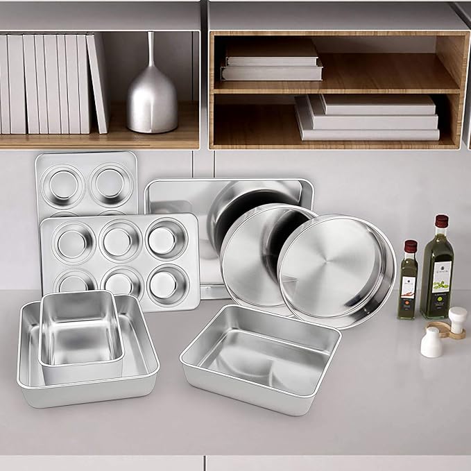 TeamFar Stainless Steel Bakeware Set of 8, Baking Roasting Toaster Oven Pans, Lasagna/Square/Round Cake Pan, Loaf Pan & Muffin Pan, Non-Toxic & Sturdy, Smooth & Dishwasher Safe