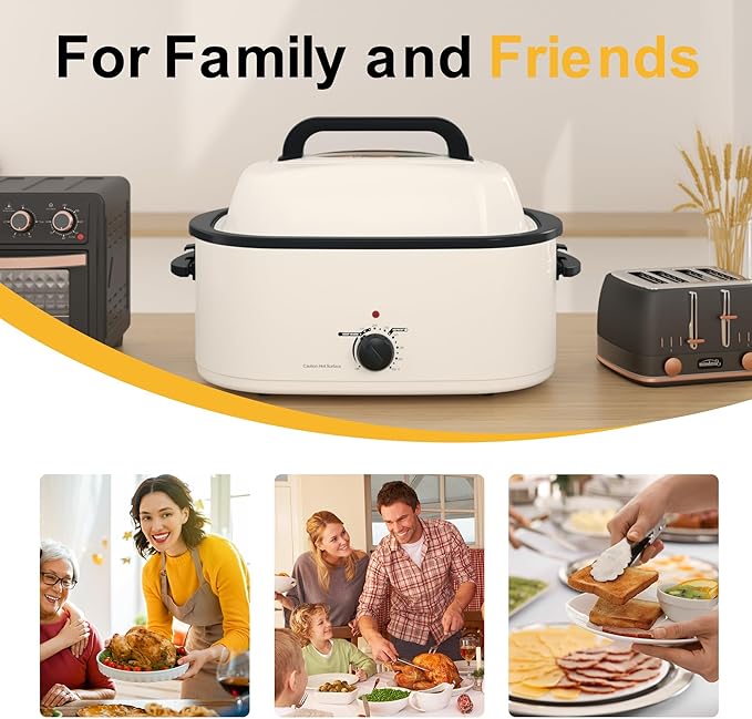 RoyalCraft 26-Quart Electric Roaster Oven with Visible Self-Basting Lid, Turkey Roaster Oven with Removable Pan and Rack, Perfect for Large Meals and Holiday Feasts, White