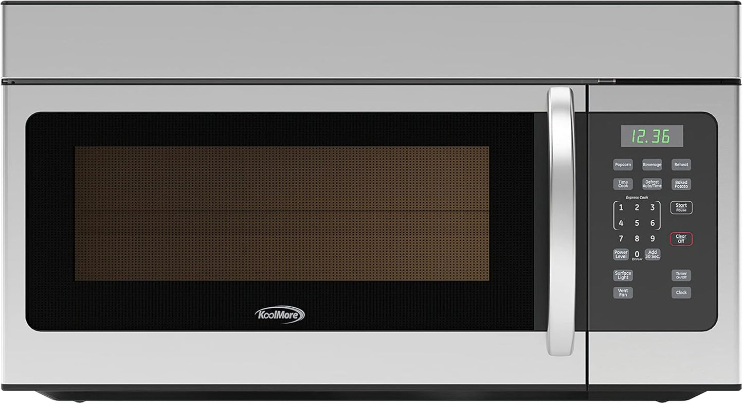 KoolMore KM-MOT-1SS Range Microwave Oven Lamp and 300CFM Recirculation Vent Hood, Auto Cook Menus, Reheat Function, 10 Power Levels, Timer, and Weight Defrost, 30 in/1.6 Cu. Ft, Silver