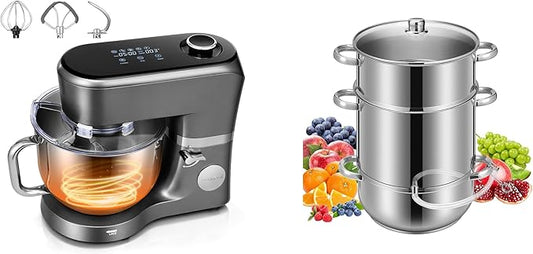 VIVOHOME Stand Mixer with Fermentation, One-Touch Presets, and 6 Qt Bowl, Gray, and VIVOHOME Stainless Steel Juicer Steamer Pot 11 Qt with Tempered Glass Lid