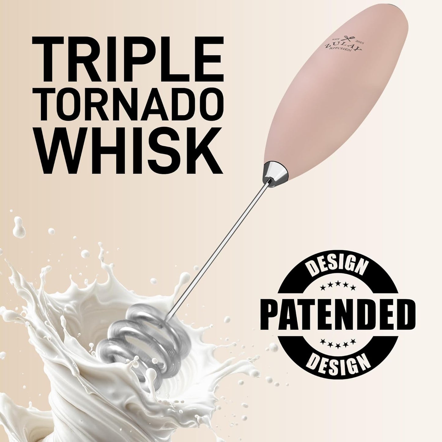 Zulay Kitchen Tornado Whisk Milk Frother with 4 AA Duracell Batteries - Triple Whisk for More Power - Handheld Coffee Frother with Stand - Drink Mixer for Lattes, Matcha & Protein Shakes