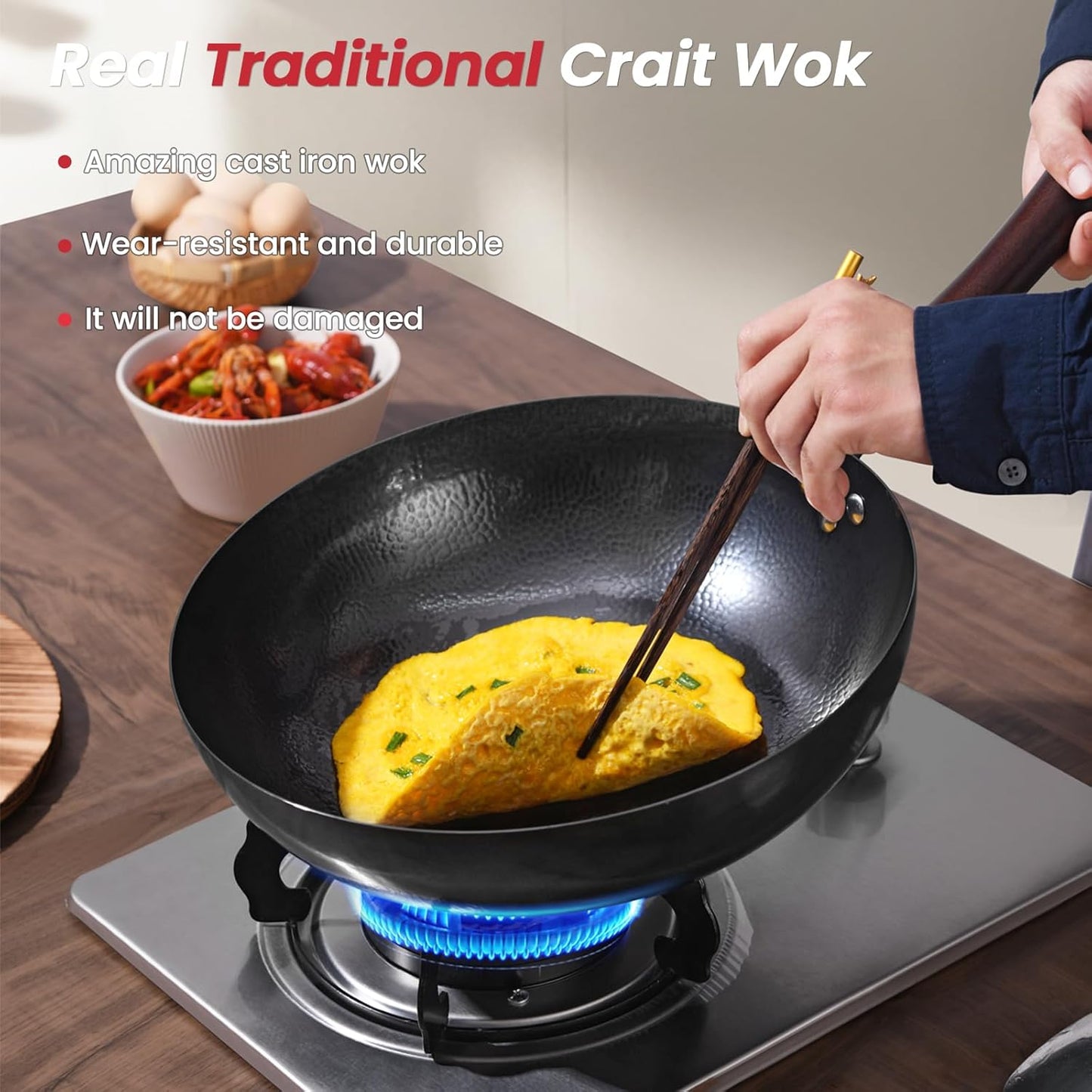 Carbon Steel Pan, 11.8″ Woks & Stir-Fry Pans with Wooden Lid Cookwares, Nonstick Wok, No Chemical Coated Round Bottom Hand Hammered Chinese Wok For Gas