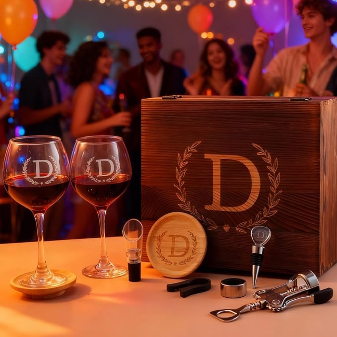 GZLDGIFTS Personalized Initial Wine Glasses Box Gift Set For Women Mom Engraved Birthday Monogrammed Wooden Christmas Gifts Wedding Anniversary Wine Couples Stopper Opener Initial Letterr (A Set)