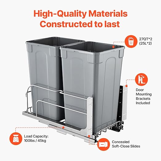 VEVOR Pull-Out Trash Can, 27 QT x2 Double Under Mount Kitchen Waste Container, Heavy Duty Garbage Recycling Bin with Door Kit and Soft Close Slide, for Kitchen Cabinet, Sink, Under Counter (Grey)