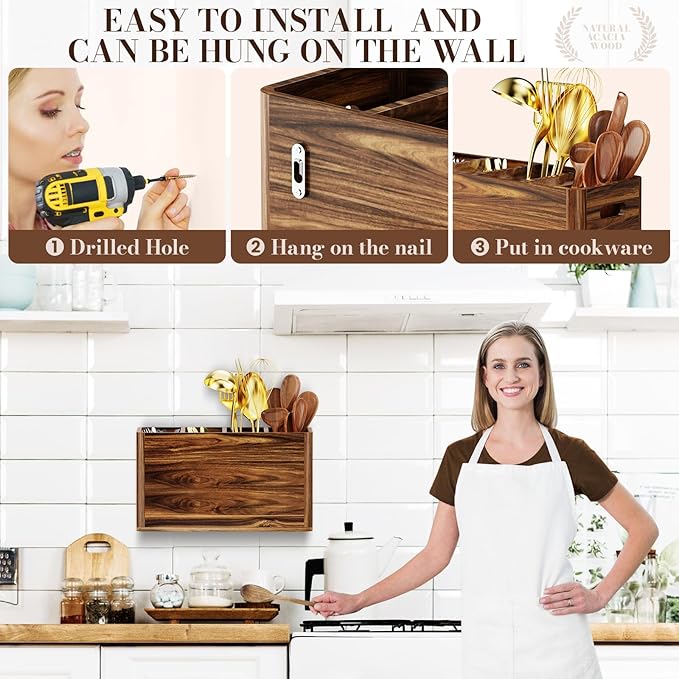 Yirilan Wooden Kitchen Utensil Holder for Counter, Acacia Wood Utensil Holder for Storage Cooking and Silverware with 4 Compartment, Rustic Wooden Organizer Container