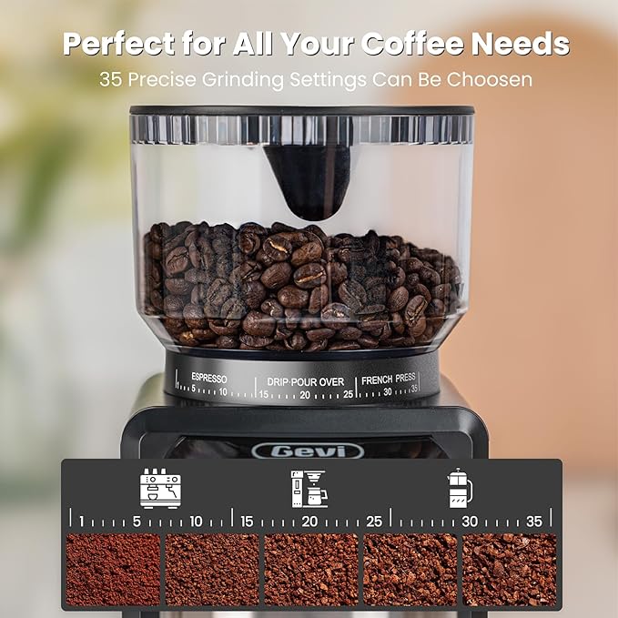Gevi Coffee Grinder Electric,Coffee Bean Grinder with 35 Grind Settings for Espresso,Drip,French Press,Burr Coffee Grinder for Home Use,Anti-static Design,Black