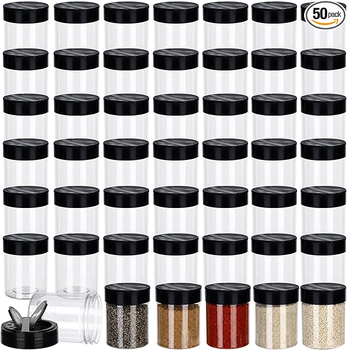 50 Pack 6 oz Plastic Spice Jars with Black Cap Empty Clear Plastic Spice Bottle Containers Reusable Seasoning Jars with Shaker Lids for Kitchen Storing and Dispensing Salt Powders