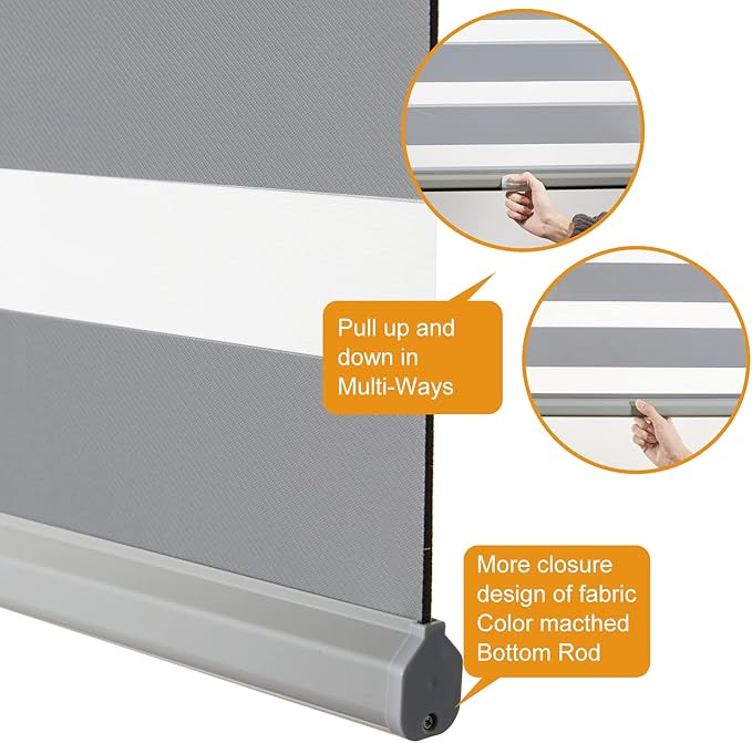 Persilux Cordless Zebra Blinds for Windows Free-Stop Roller Window Shades (47" W X 64" H, Grey) Dual Layer Light Control for Day and Night, Light Filtering Sheer Shades for Home, Easy to Install