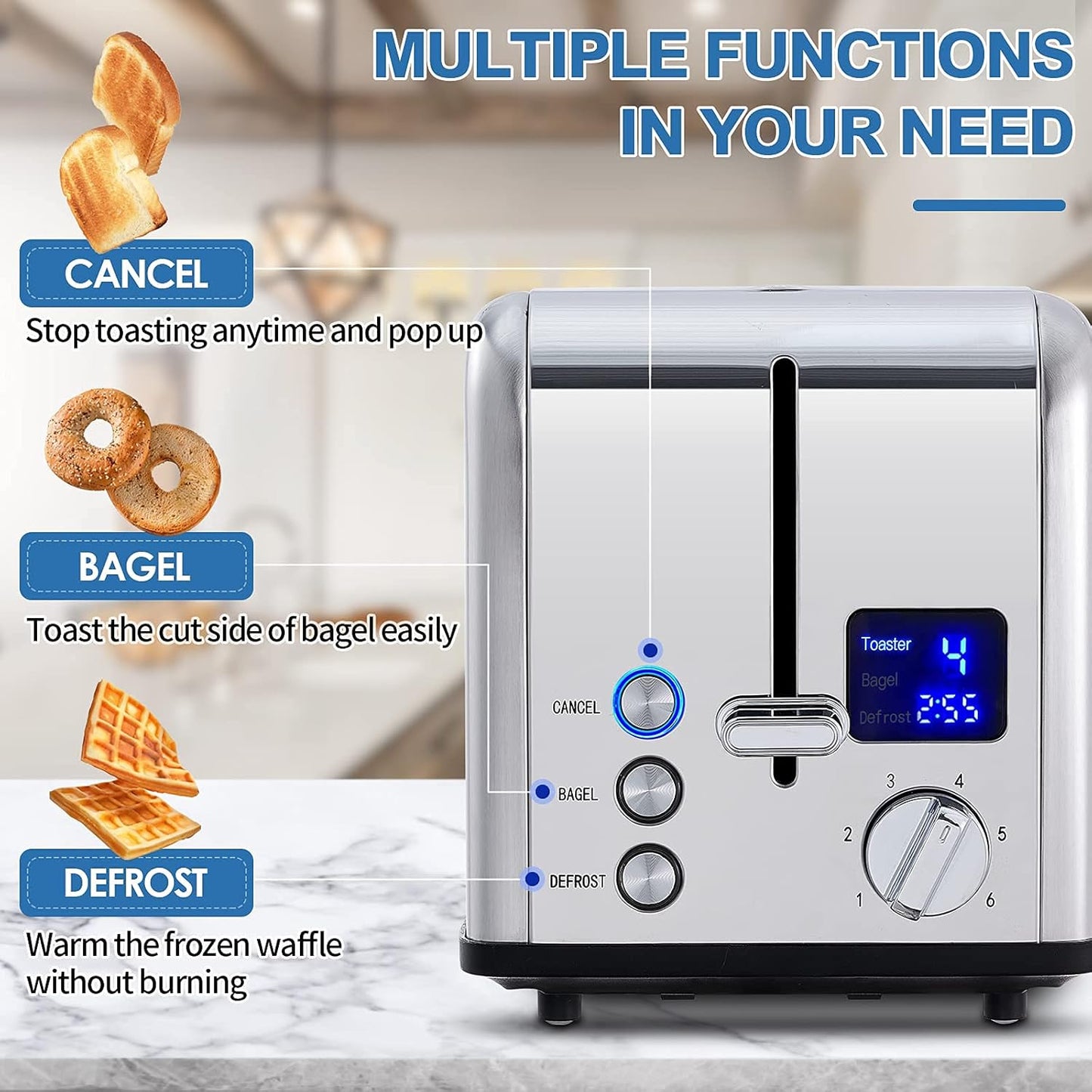 CUSIMAX Stainless Steel 2 Slice Toaster with LED Display, Extra-wide Slots, 6 Browning Settings, Cancel/Bagel/Defrost, Removable Crumb Tray, Silver