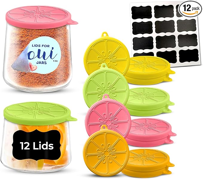 Food-Grade Silicone Oui Yogurt Jar Lids, La Fermière Yogurt Jar Lids |Covers That Fit Yoplait Oui, Nounos, & Weck Small Jars | Cute Airtight Leakproof Tops – 12 pcs Set Silicone, Bright Citrus Colors