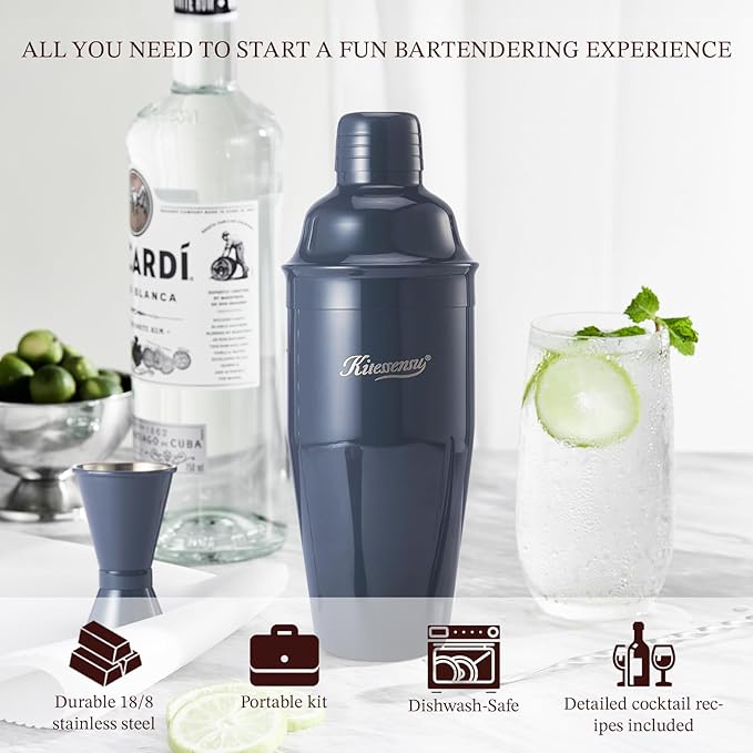 KITESSENSU Cocktail Shaker Set, Stainless Steel Martini Shaker with Bartender Strainer, Measuring Jigger, Bar Mixing Spoon, Cocktail Recipe Included, Navy
