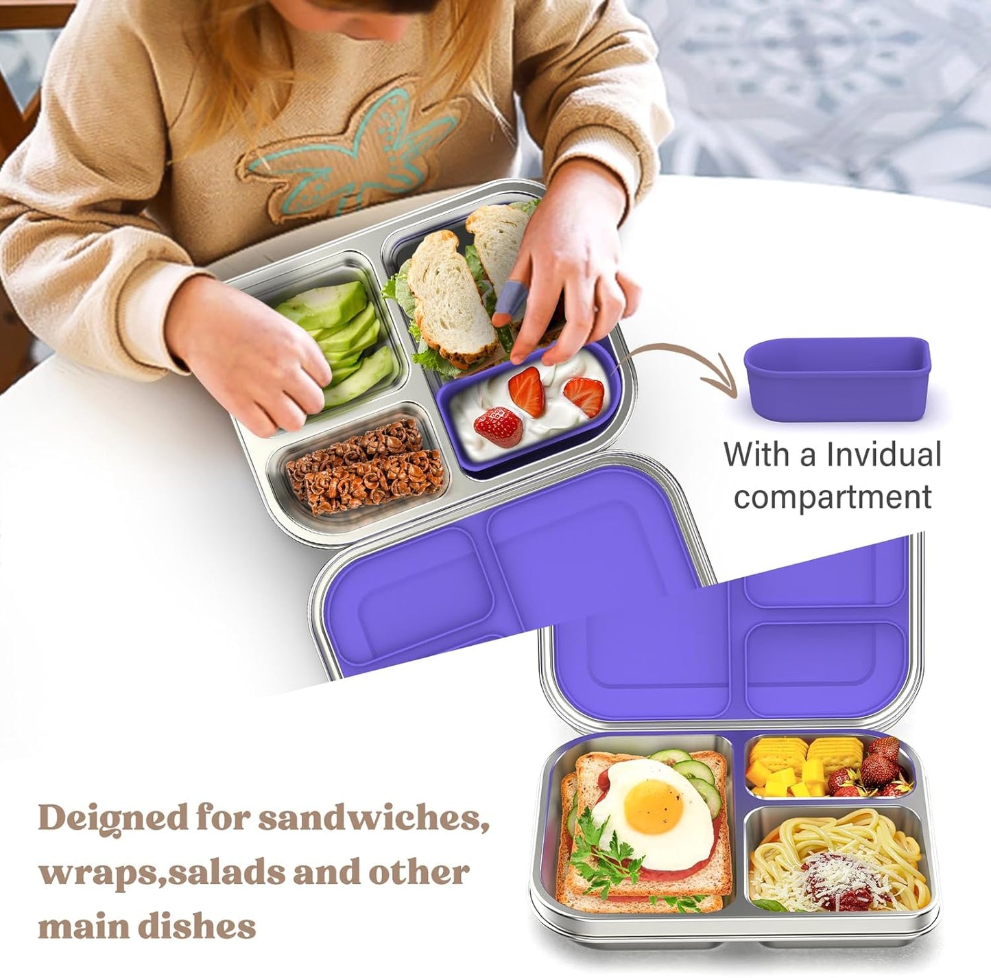 Stainless Steel Bento Box Kids, 3 Compartments Leak Proof Metal Bento Lunch Box, 304 Stainless Steel Bento Lunch Containers for School and Office,Dishwasher Safe, BPA-Free-Purple