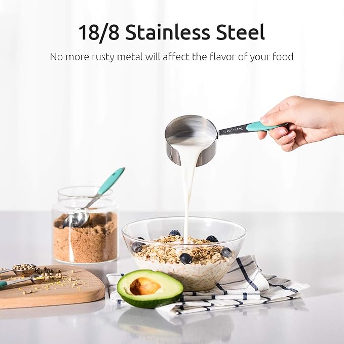 U-Taste 10 Piece Measuring Cups and Spoons Set in 18/8 Stainless Steel, and 18/8 Stainless Steel 3.9 inch 30 Mesh Strainer (Aqua Sky)