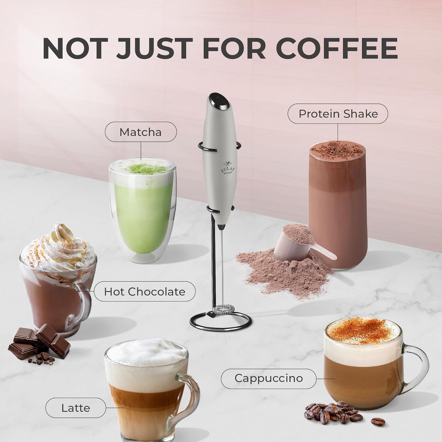 Zulay Powerful Milk Frother (4 Duracell Batteries Included) - Handheld Milk Frother Wand Drink Mixer for Coffee - Powerful Milk Foamer for Cappuccino, Frappe, Matcha - Exec Grey/Black/Black Stand