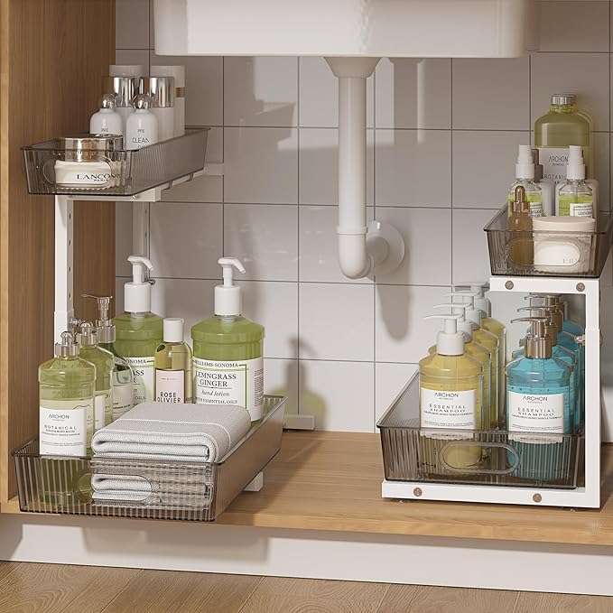ADRIMER Under Sink Organizer 2 Packs, Pull Out Kitchen Sink Organizer, 2 Tier Slide Out Kitchen Organizers and Storage Bathroom Under Cabinet Storage Shelf, Grey & White