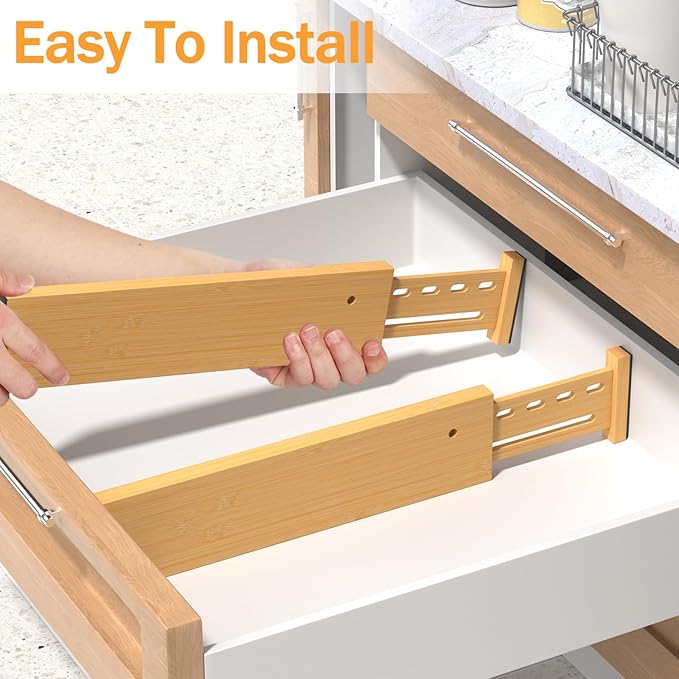 Bamboo Drawer Dividers 4" High, 16.5-22" Adjustable Drawer Organizers for Clothes,Expandable Dresser Separators in Bedroom/Kitchen/Bathroom/Office Organization and Storage,6 Pack