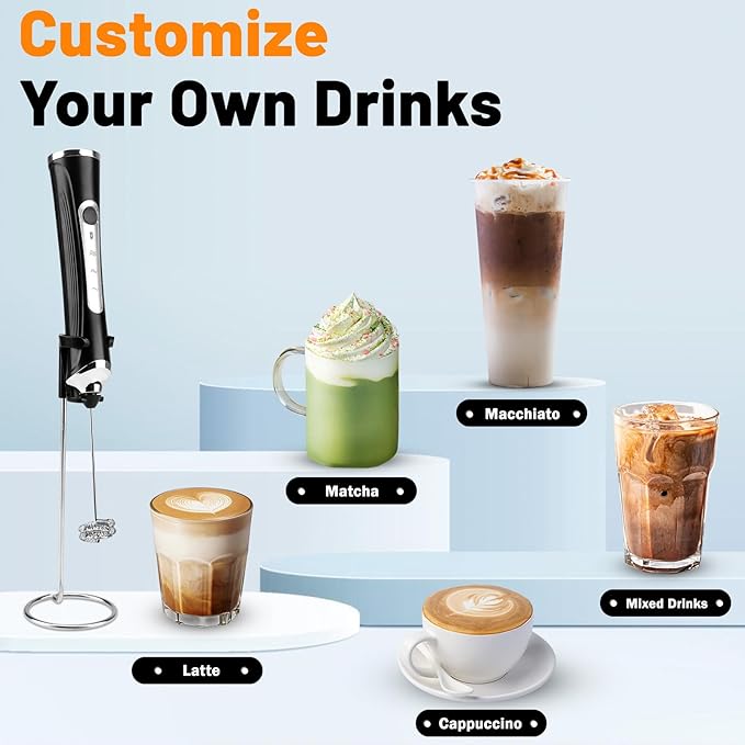 TonJin Milk Frother USB C Rechargeable New Upgraded Handheld Frother Wand with 2 304 Stainless Whisks 1 Stand, 3 Speeds Electric Coffee Whisk Frother for Lattes, Cappuccino, Egg, Matcha, Black