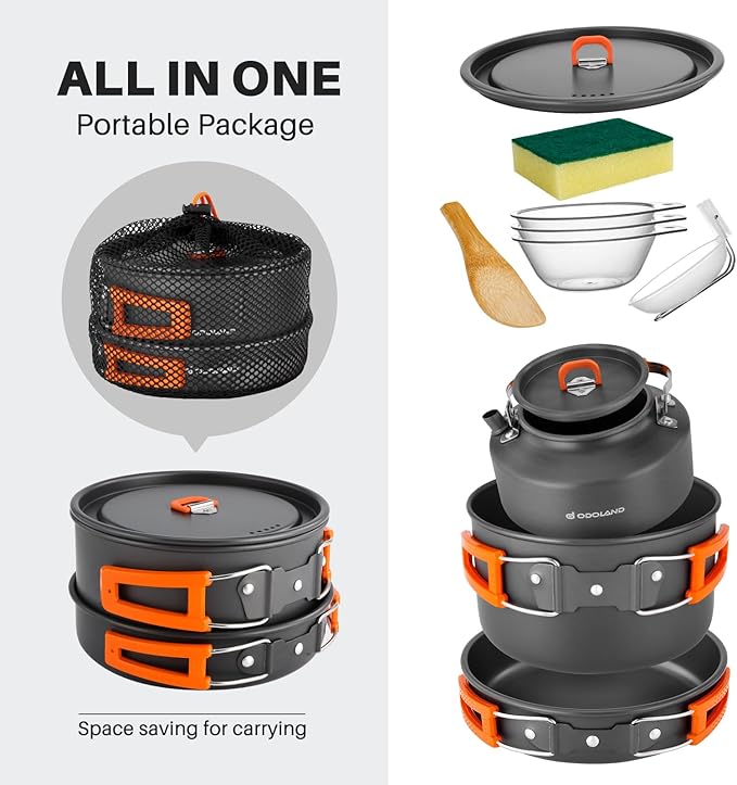 Odoland 10pcs Camping Cookware Camping Pots and Pans Set with Kettle Plastic Bowls and Soup Spoon for Camping, Backpacking, Outdoor Cooking and Picnic