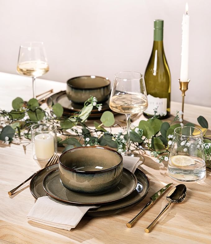 TheTerra Ceramic Dinnerware Sets for 4, 12 Pieces Handmade Reactive Glaze Plates and Bowls Set, Scratch Resistant Dish Set, Oven & Microwave & Dishwasher Safe