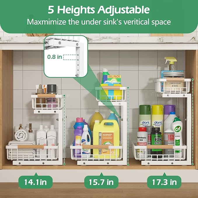 ADRIMER Under Sink Organizer 2 Packs, Pull Out Kitchen Sink Organizer, 2 Tier Slide Out Kitchen Organizers and Storage Bathroom Under Cabinet Storage Shelf, White