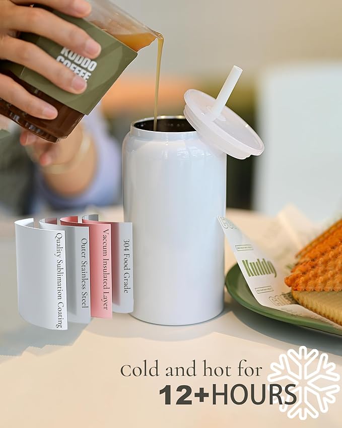 16oz Stainless Steel Cups with Lids and Straws, Sublimation Tumbler, White (Shiny Polished Finish, Sublimatable)