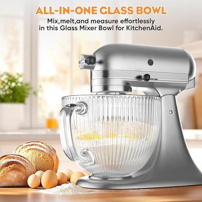 Cofun Glass Mixer Bowl for Kitchenaid Tilt-Head Stand Mixers 4.5-5 Quart, 5 qt Mixing Bowl Replacement for Kitchen aid with Measurement Markings,Handle