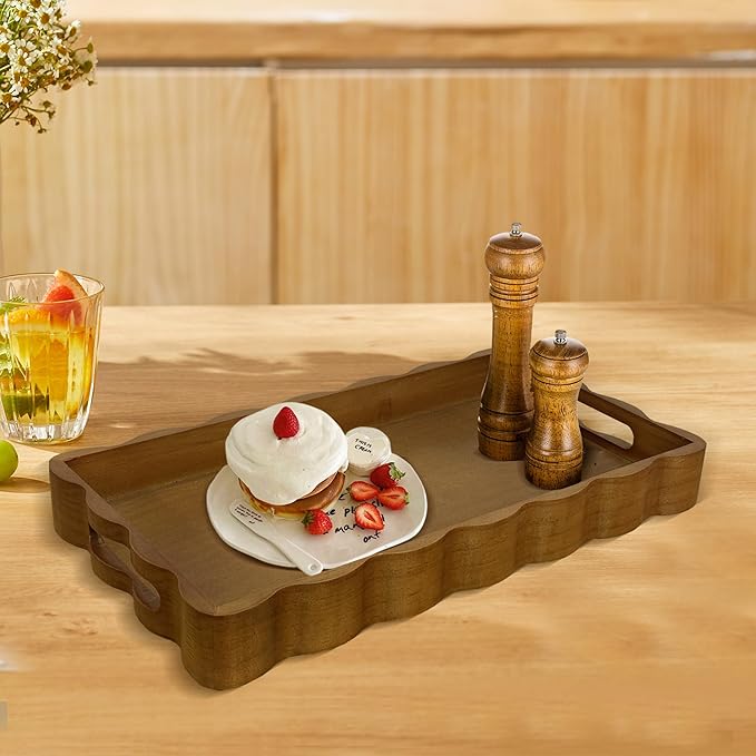 JUIOETURPine Wood Decorative Tray with Handle Rectangular Wooden Serving Tray for Breakfast in Bed,Coffee Table,Dining Table,or Kitchen - Perfect for Living Room,Bedroom,and Entryway Decor (Brown)