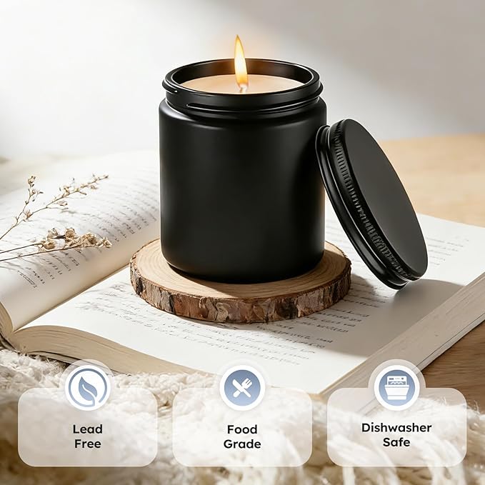 Tecohouse 8oz Black Glass Jars with Lids, 30 Pack Candle Jars with Blank Labels, 250g Wide Mouth | Lotion Container for Sample, Cream, Lotion, Honey, Powder, Jelly | Home & Beauty