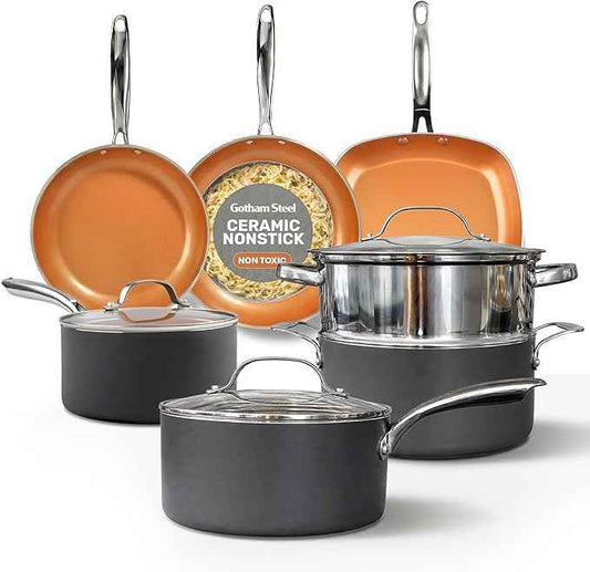 Gotham Steel 12 Pc Ceramic Cookware Set Nonstick, Ceramic Pots and Pans Set Non Stick with Steamer for Cooking, Non Toxic PFOA PFOS Free, Ergonomic Stay Cool Handles, Oven & Dishwasher Safe, Copper