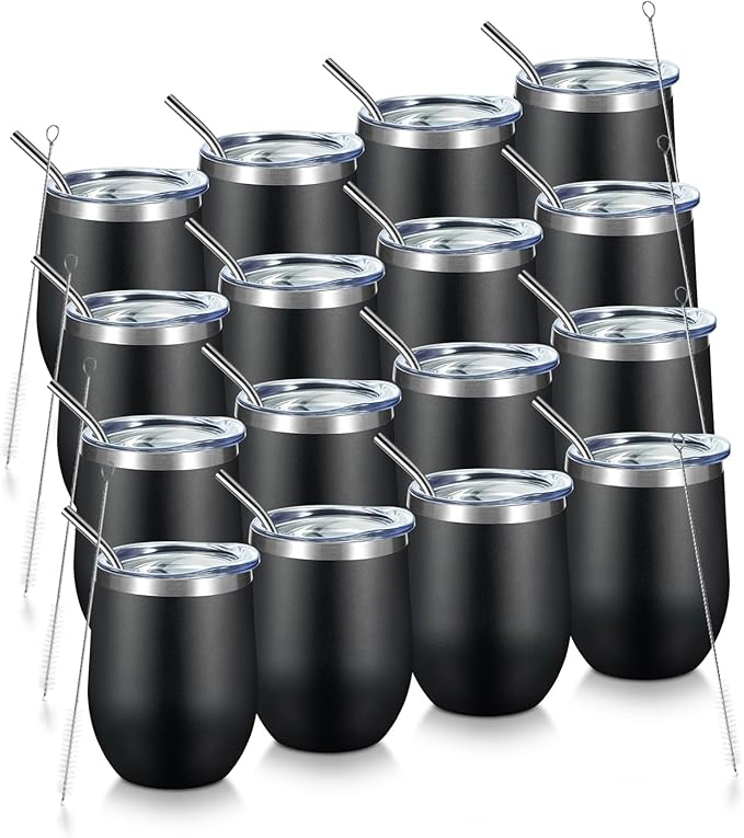 COMOOO 12oz Stainless Steel Wine Tumbler Lid and Straw, Double Wall Vacuum Insulated Wine Tumbler Cup, Stemless Wine Tumbler for Cold and Hot Drinks, Coffee, Wine, Cocktails, Black,16 pack