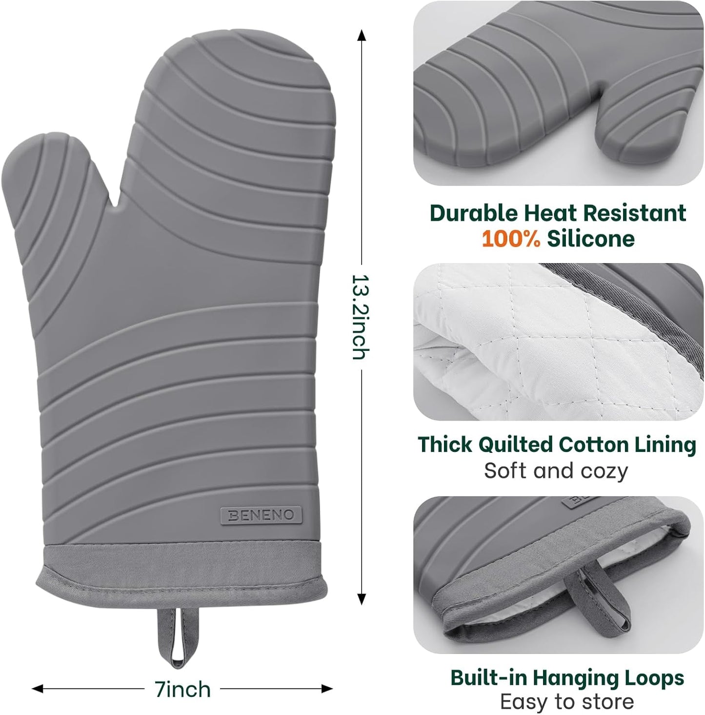 Beneno BPA-Free Silicone Oven Mitts, Heat Resistant Waterproof Oven Mitts with Non-Slip Textured Grip, Comfortable Quilted Lining, Kitchen Pot Holders for Cooking, Baking, Grilling, 7"x13", 2Pcs Gray