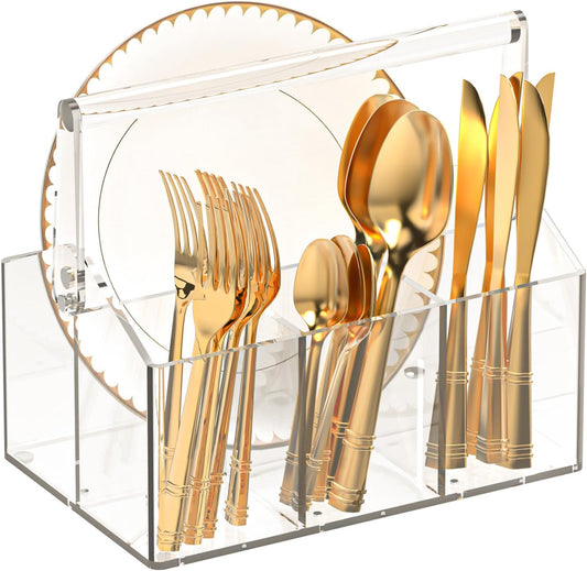 Acrylic Utensil Caddy.Silverware Organizer & Utensil Holder-Heavy-Duty Countertop Cutlery Caddy for Spoons, Forks, Knives, Napkins, Plates | Space-Saving Table, Buffet, Picnic Party Essential