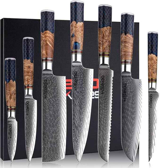 Seido Knives Hanikamu VG10 Damascus Chef Knife Set - Handcrafted Honeycomb Epoxy Resin with Stabilized Wooden Handles - Durable and Corrosion Resistant