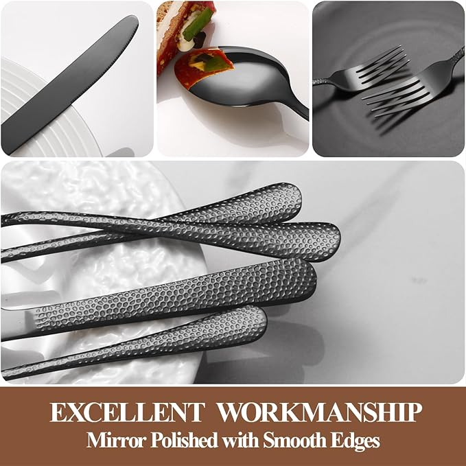 40 Pcs Black Silverware Set for 8 with Hammered Design, Food Grade Stainless Steel Flatware Set, Eating Utensils Sets Include Fork/Knife/Spoon, Cutlery Set, Dishwasher Safe