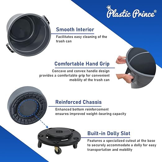 PLASTIC PRINCE 20 Gallon Round Trash Can with Lid and Dolly Gray Plastic Commercial Garbage Container for Home Garage Restaurants Warehouses - Bundle