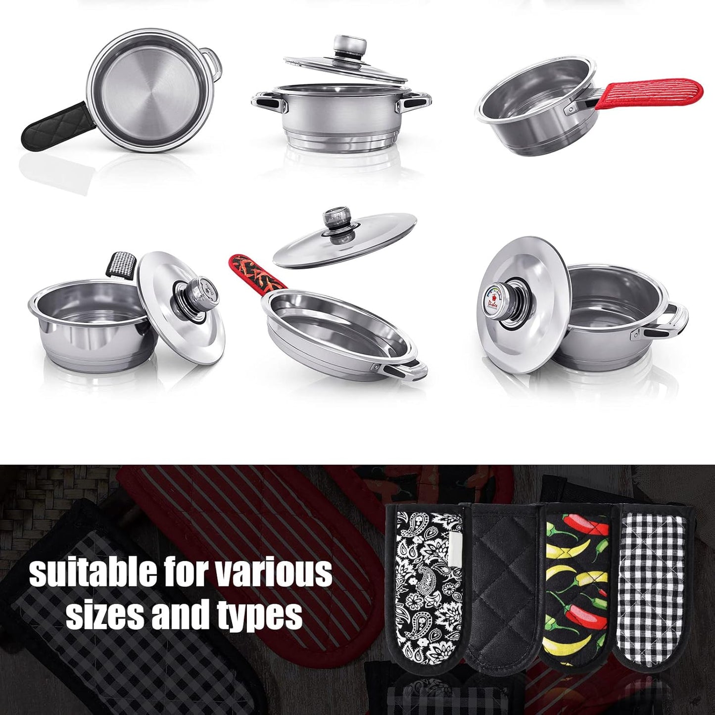 Geiserailie 8 Pieces Pan Handle Sleeve Heat Resistant Pot Sleeve Grip Non-Slip Skillet Pot Holder Machine Washable Cast Iron Handle Cover Cotton Assist Holder, 4 Styles, 3 x 6 Inch(Retro Style)