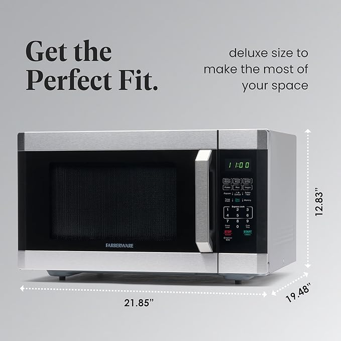 Farberware 1.6 Cu. Ft. Countertop Microwave Oven – 1100 Watts Power, Smart Sensor Auto Cook Settings, Defrost, Easy Clean and Child Safety Lock - Stainless