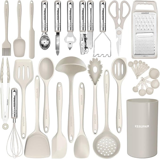Kitchen Utensils Set - 446°F Heat Resistant Silicone Cooking Utensils Set-Kitchen Tools and Gadgets for Cooking Nonstick Cookware with Tongs,Turner,Spatula,Spoon,Brush,Peeler,Grater,Scissors (Khaki)