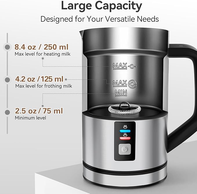 Secura Milk Frother, Electric Milk Steamer Stainless Steel, 8.4oz/250ml Automatic Hot and Cold Foam Maker and Milk Warmer for Latte, Cappuccinos, Macchiato, 120V