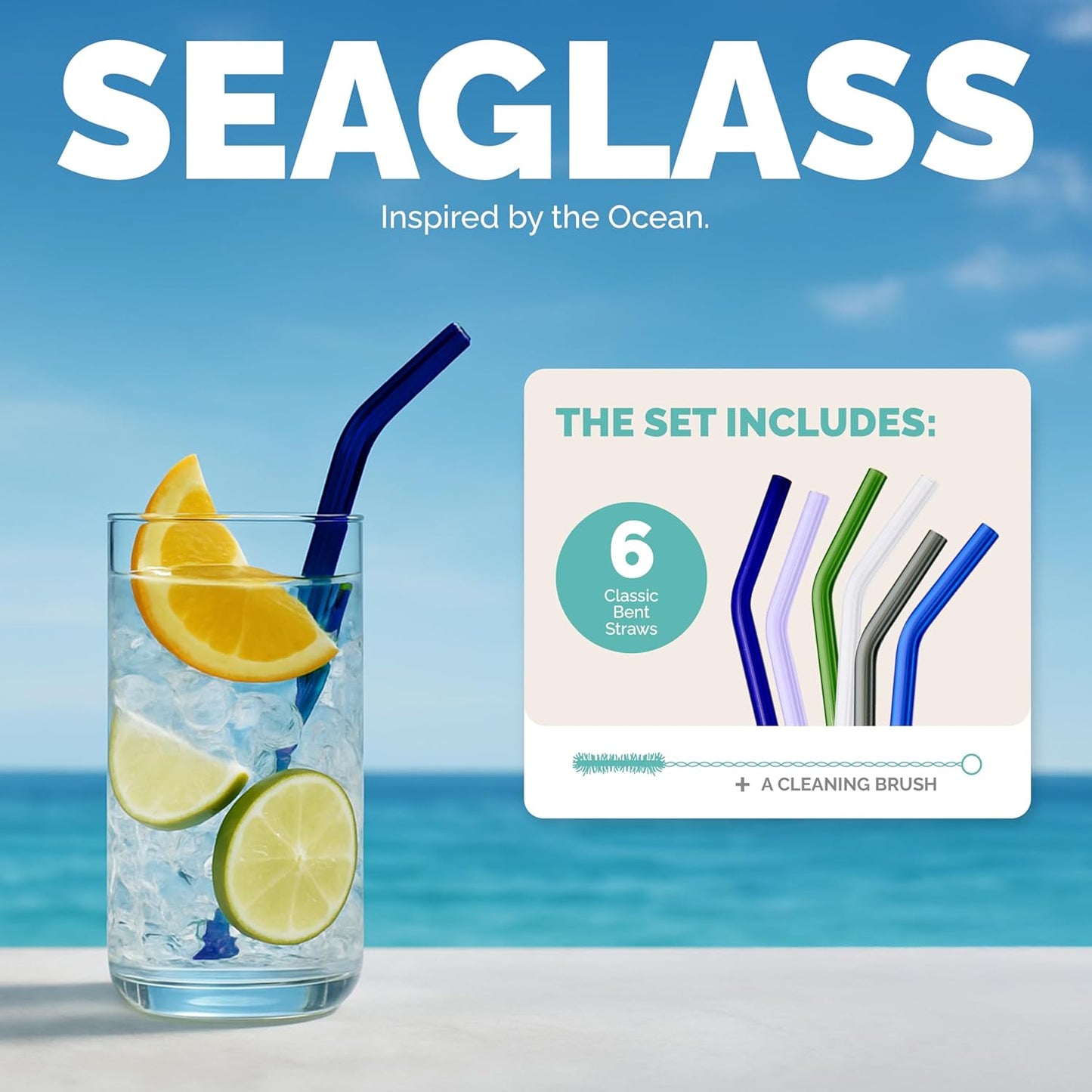 Simply Straws 10 Inch Glass Straws Bent (6-Pack) – Reusable Glass Straws for 24 Oz Mason Jars & Tumblers, with Cleaning Brush – Durable, Dishwasher Safe, Hot & Cold Use, BPA-Free (Seaglass)