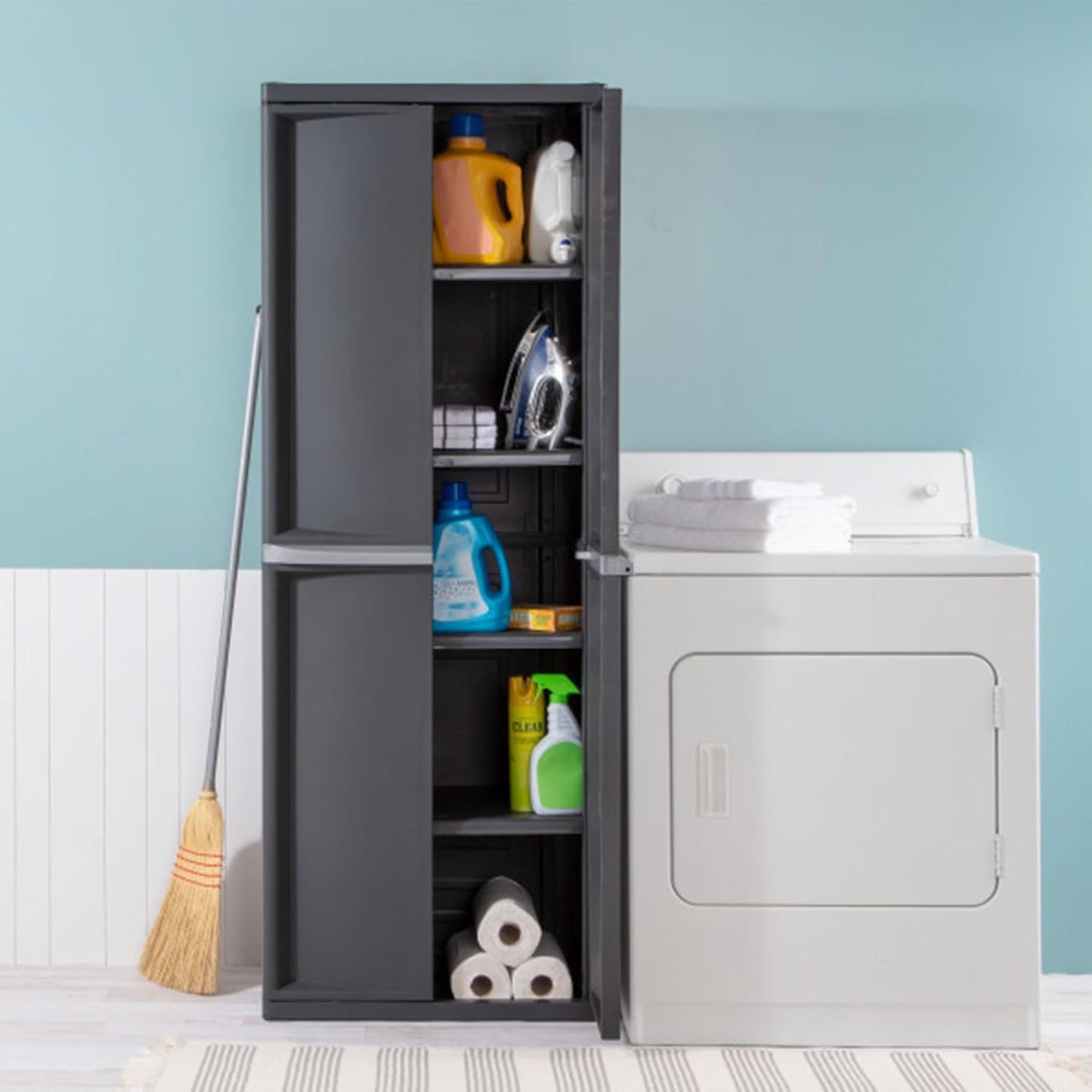 Sterilite 2-Pack 4 Shelf Cabinet, Lockable Utility Storage w/ Adjustable Shelves, Gray - Plastic Shelving Unit for Organizing Garage, Pantry, Basement, Laundry Room or Mudroom
