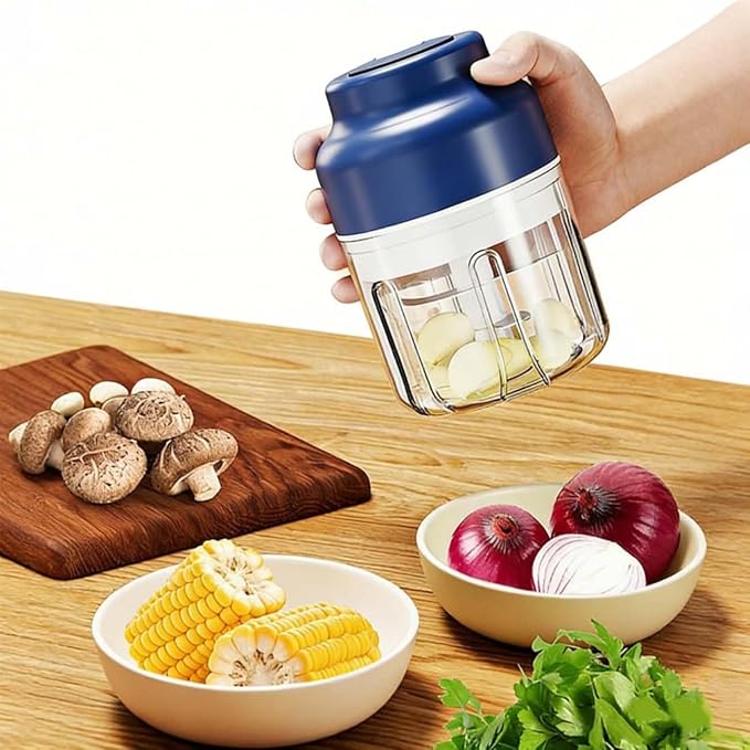 Electric Garlic Chopper, Mini Portable Veggie Cutter with 4/6 Stainless Steel Blades, Portable Wireless Rechargeable Mini Electric Garlic Food Chopper for Garlic, Onion, Chili, Nuts (2PCS-C,250ML)