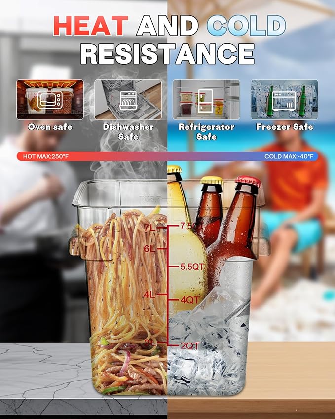 2QT NSF Food Storage Containers: 6 PCS [Food Grade][Hot&Cold Resistant] Commercial Clear Square Food Storage Containers with Scales Handles for Home Restaurant Kitchen Proof Dough(BPA FREE N1)