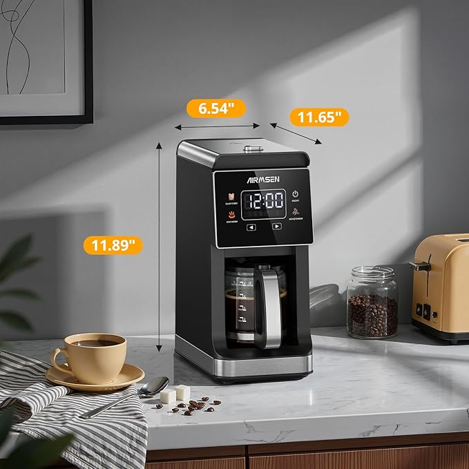 AIRMSEN Grind & Brew Coffee Maker with Built-in Grinder, Programmable Single Serve Coffee Maker - 5 Cup Capacity, 3 Grind Settings, Auto Keep Warm & Glass Carafe for Home and Office