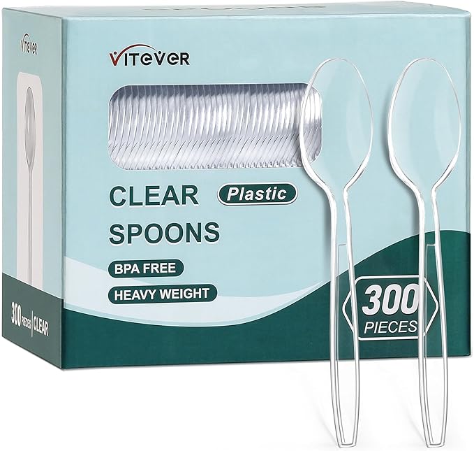 [300 Count] Clear Heavy Duty Plastic Spoons, Disposable Silverware Spoons Bulk, Plastic Cutlery Utensils Set, Solid