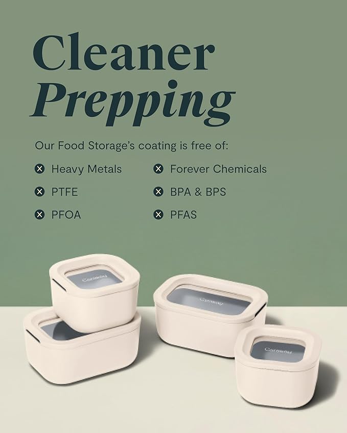 Caraway 6pc Glass Food Storage Set - 2.6 Cup Storage Containers For Food (6) - Non-Toxic Ceramic-Coated Glass - Air Release Technology - Compact & Stackable Design - Sage