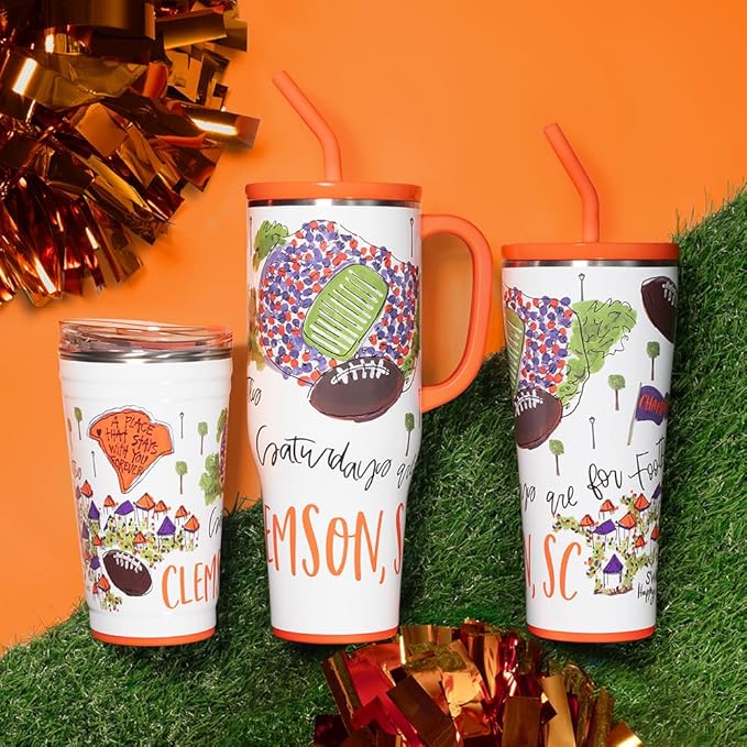 Swig Life 32oz Straw Tumbler, Travel Coffee Tumbler with Lid, Cup Holder Friendly Travel Coffee Mug, Stainless Steel, 32 oz Reusable Insulated Coffee Mug (Saturdays In Clemson)