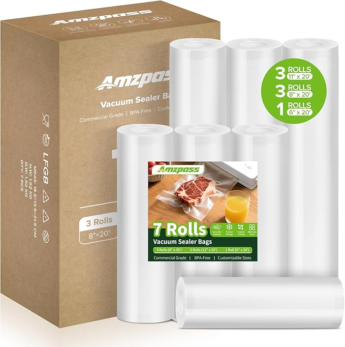 Vacuum Sealer Bags for Food, 7 Pack - 8" x 20' (3 Rolls) + 11"x 20' (3 Rolls) + 6"x 20' (1 Roll), BPA-Free Commercial Grade Embossed Customized Size Bags for Food Storage, Meal Prep, Sous Vide