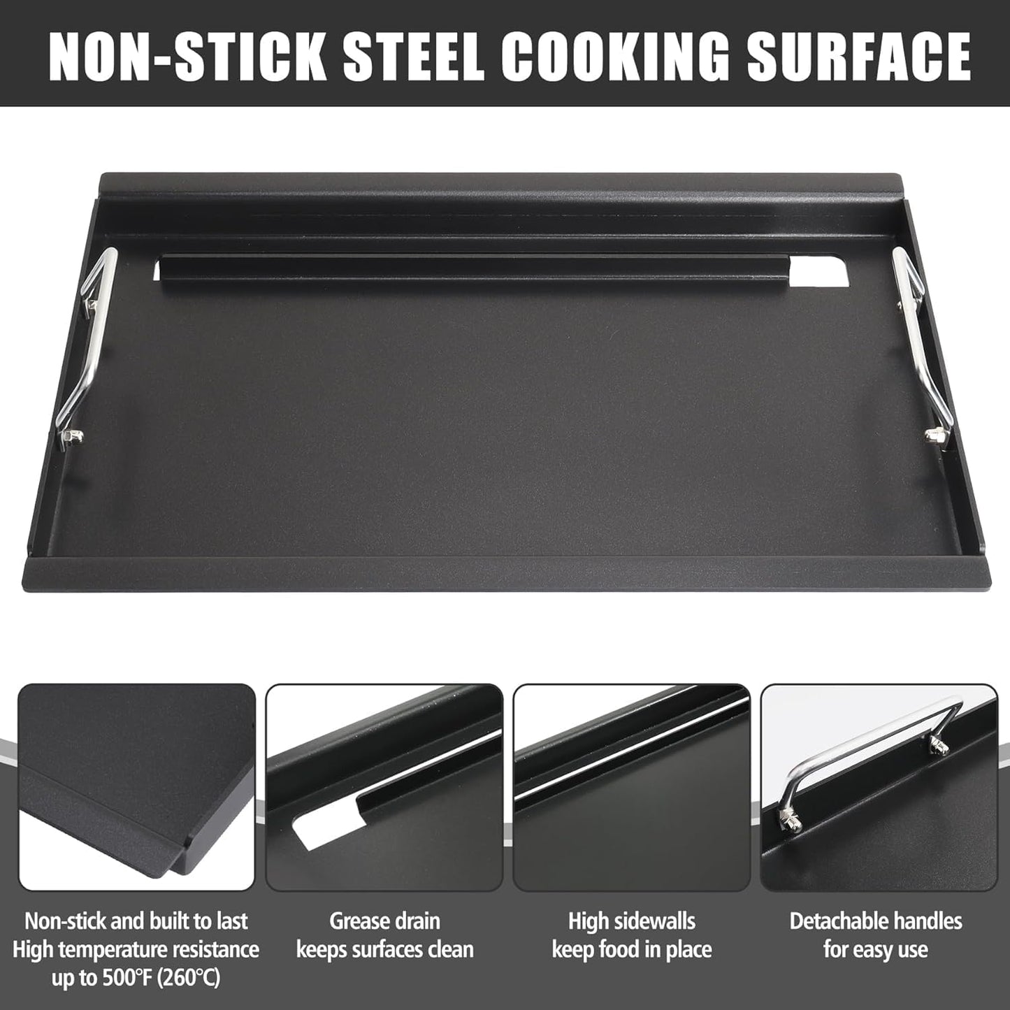 Full Size Griddle with Handles for Kitchen Aid 720-0745D 730-0745, Flat Top Grill Insert Replacement for KitchenAid 730-0745B 730-0745D 720-0819 740-0780, Carbon Steel, Non-stick